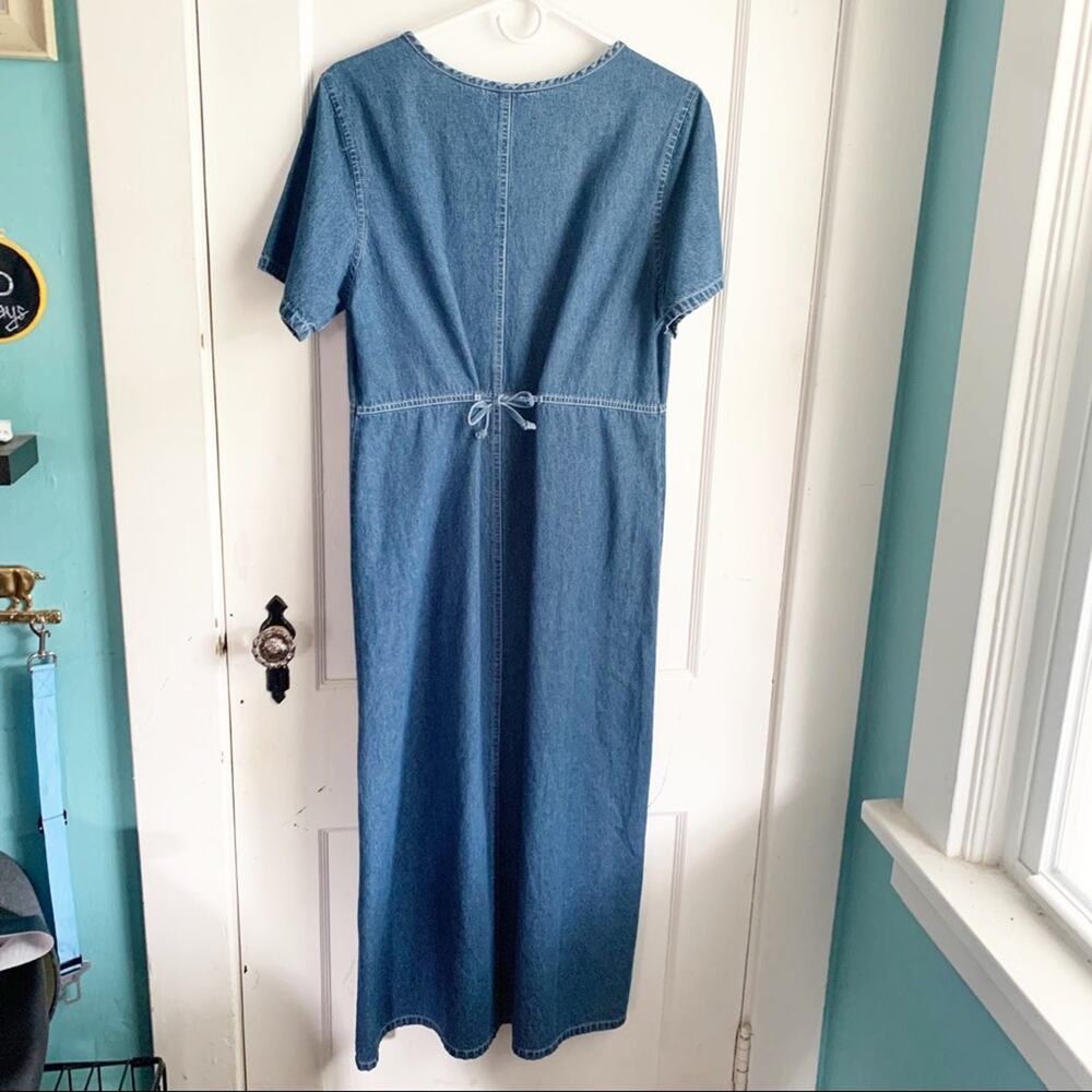 VTG Cottagecore Denim Maxi Dress 1980s White Flower Buttons Oversized Prairie S - Picture 9 of 14